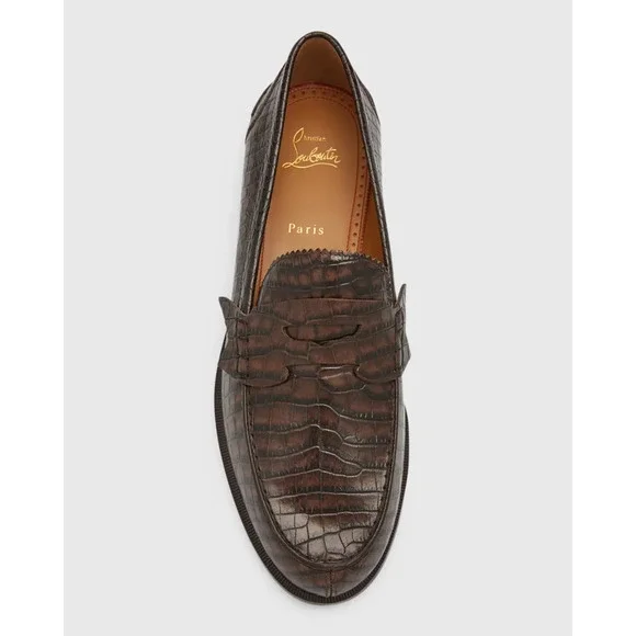 Christian Louboutin No Penny Flat Brown Expresso Croc Leather Dress Loafer 41 8